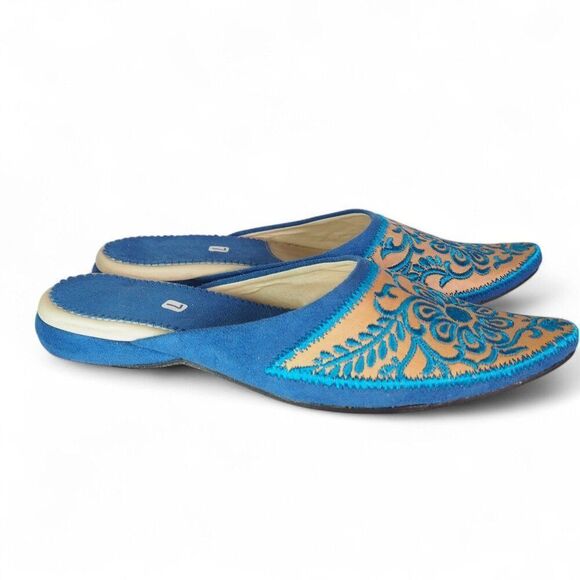 Moroccan Leather Embroidered Babouche Leather Slippers Blue / Tan Women's 7 - Picture 4 of 10